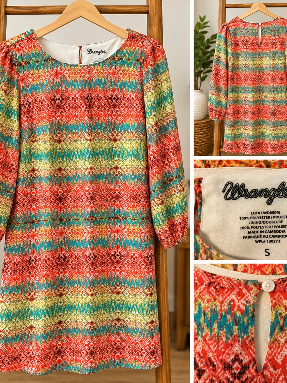 Wrangler Multicolor Ikat-Print Tunic Top - Red, Turquoise, Yellow, Cream Size S